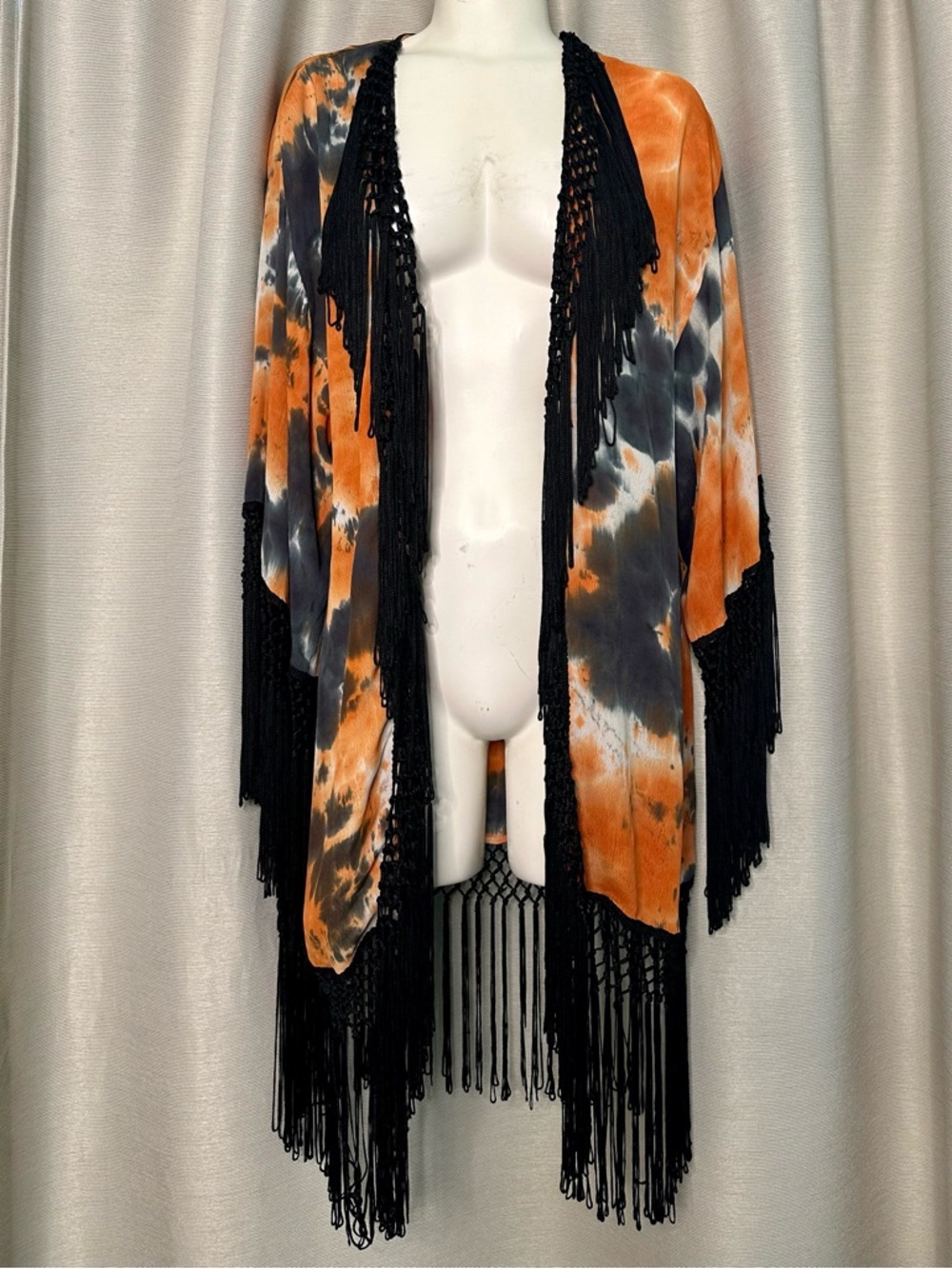 Topshop Orange and Black Tie-Dye Fringe Kimono
